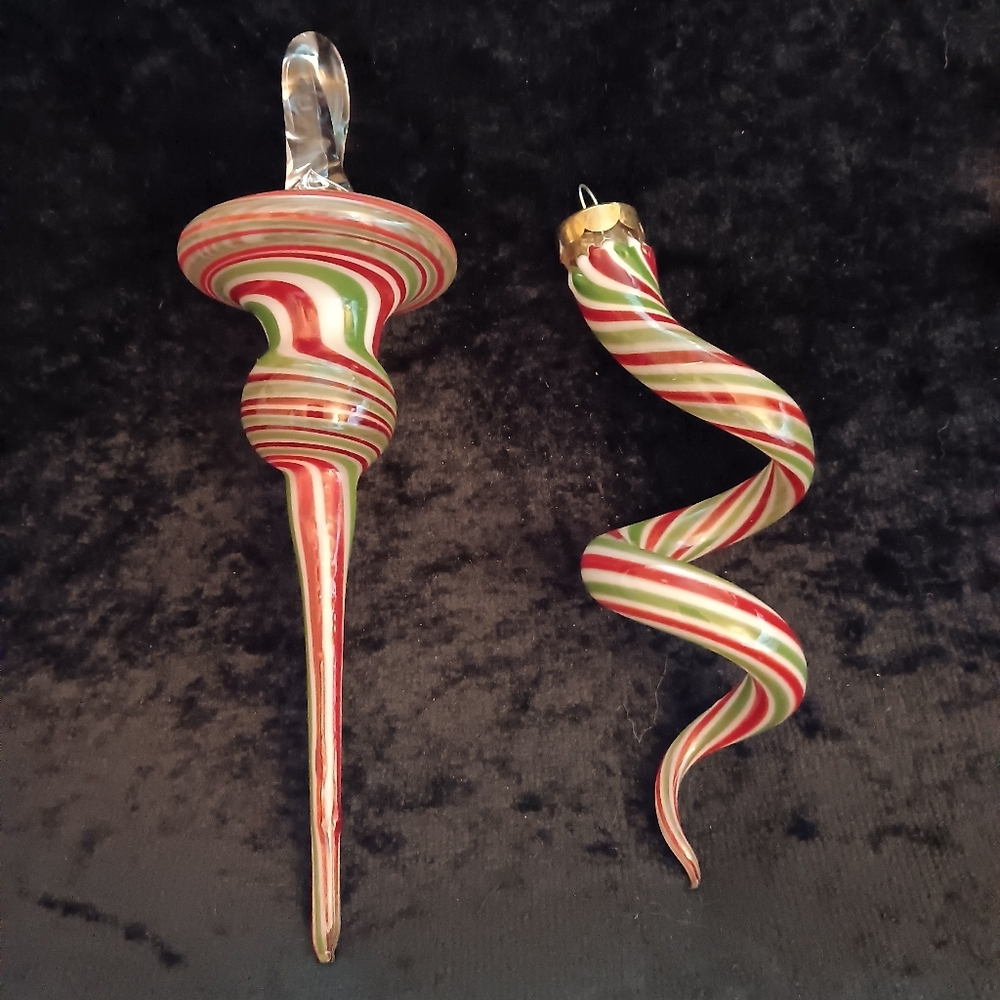 Festive Swirl Glass Ornaments - Red, Green, and White. Set of 2.